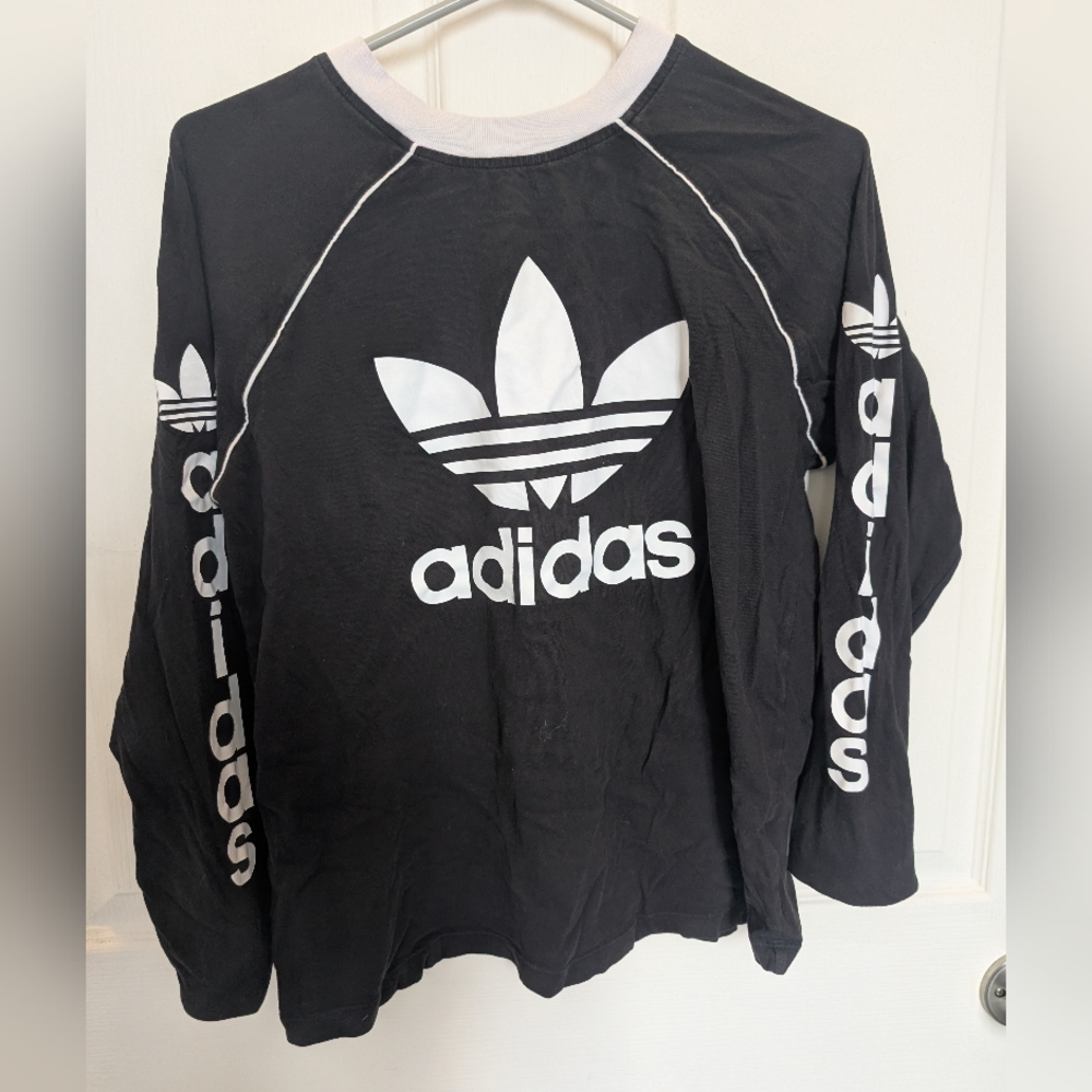 Women's Adidas Black Long-Sleeve Trefoil Logo Tee with White Accents